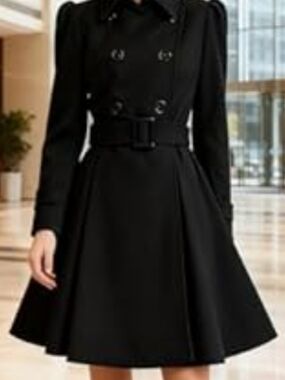 Foremode Classic Black Double-Breasted Belted Swing Pea Coat - Size 2X